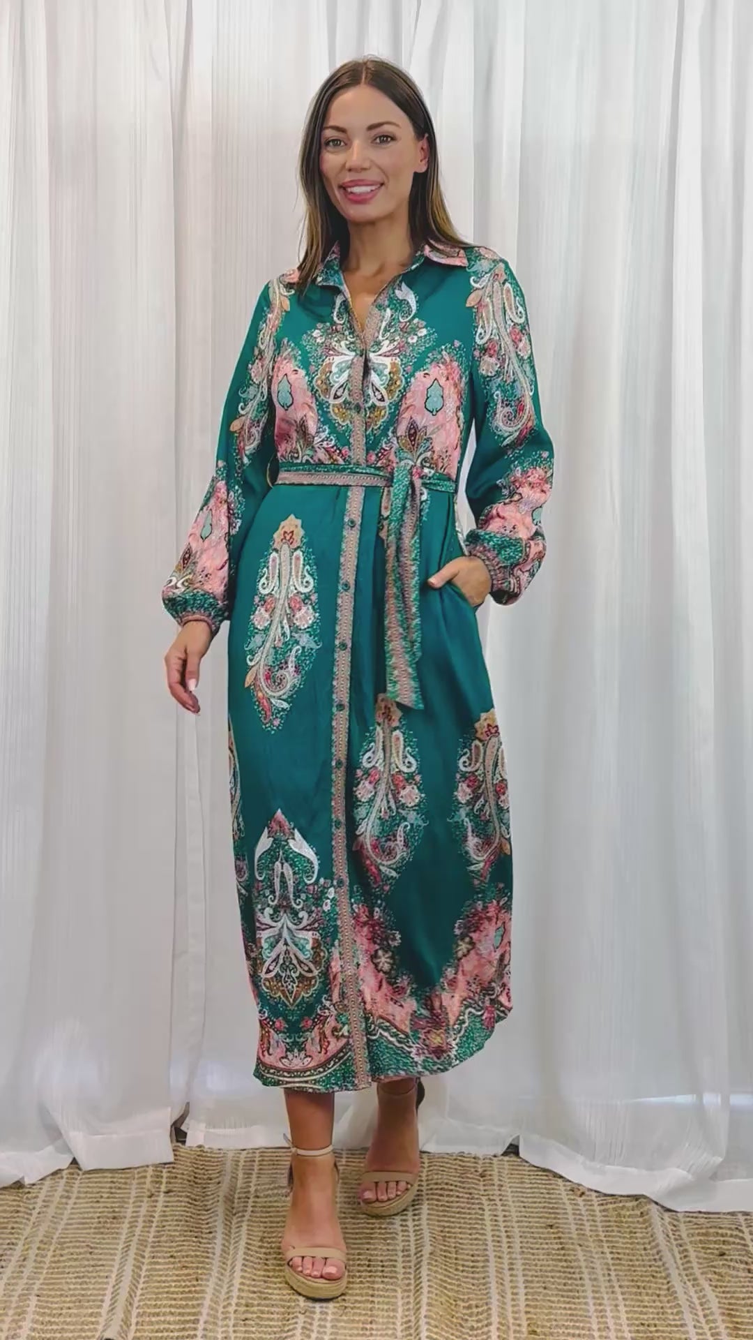 Gidget Dress  in Green Long Sleeve Print