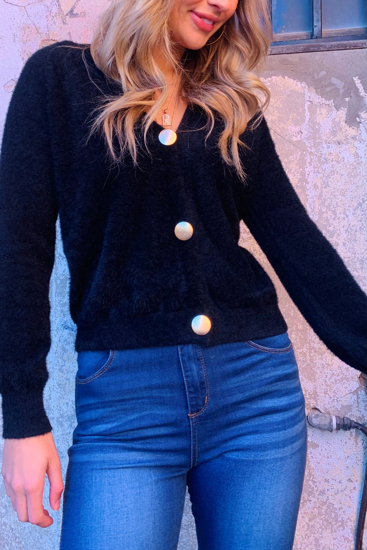 Chloe | Black Fluffy Cardi With Gold Buttons