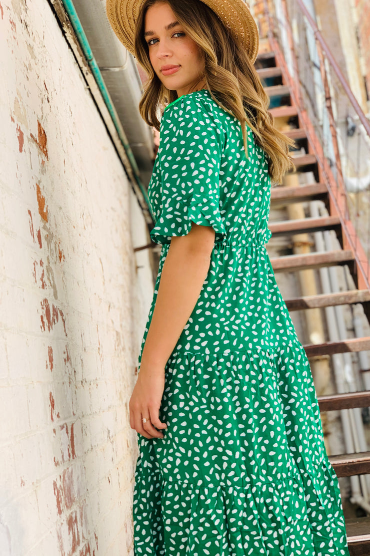 Jeannie Midi Dress  in Apple Green and White