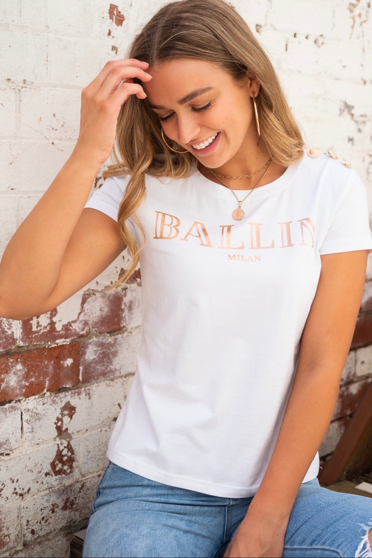Women's white T-Shirt with Gold foil "Ballin" print