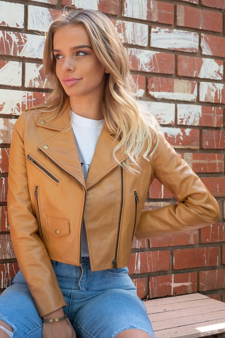 Brooke | Cropped Calfskin Camel Leather Jacket in Camel