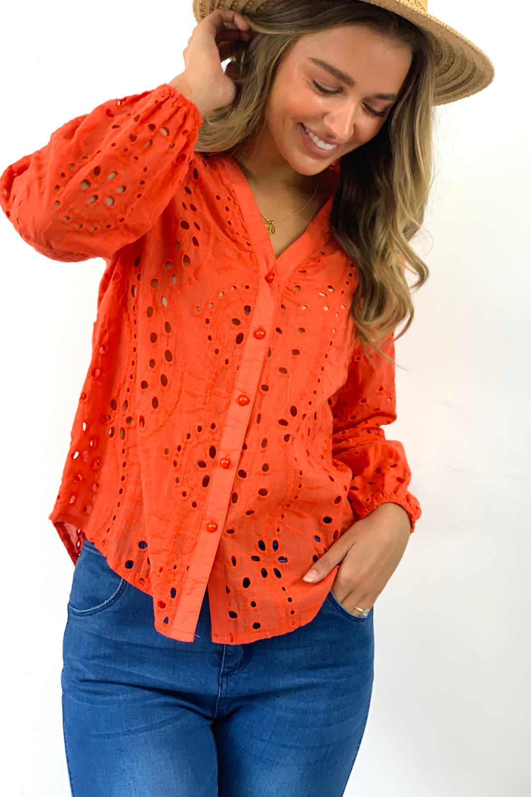 Kendra Lace Embroidered Shirt in Orange