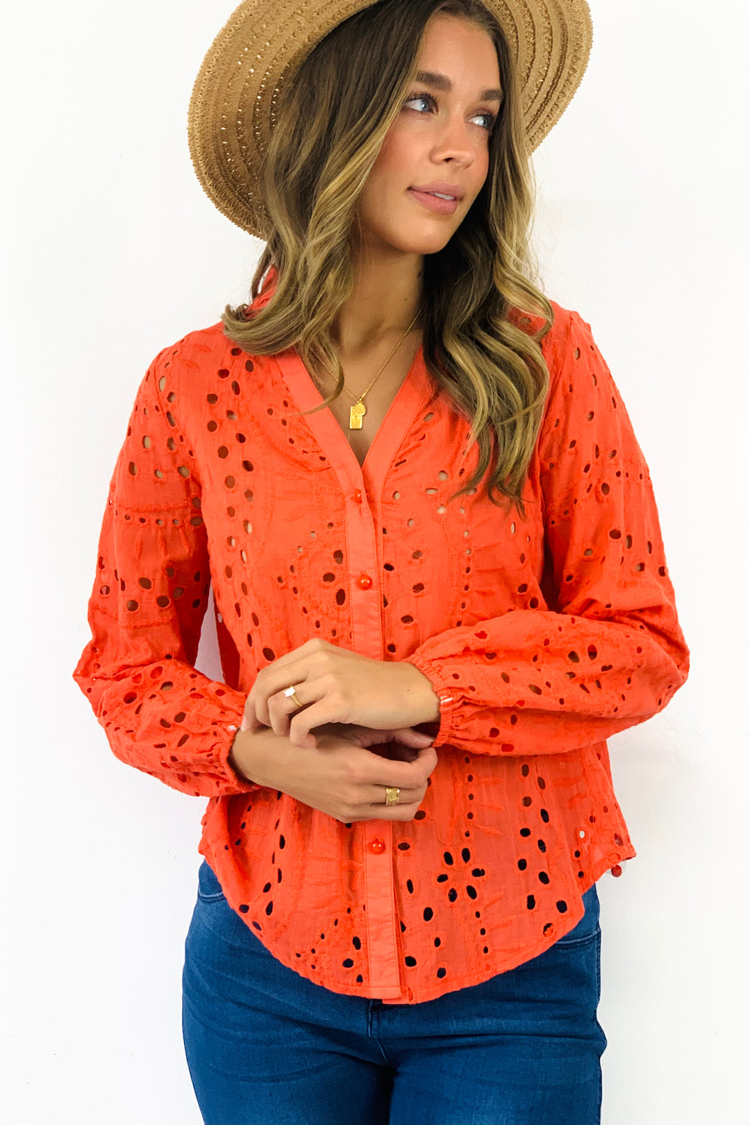 Kendra Lace Embroidered Shirt in Orange