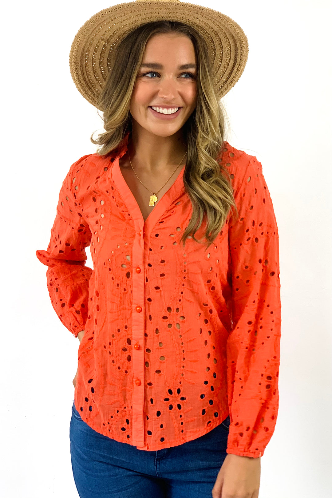 Kendra Lace Embroidered Shirt in Orange