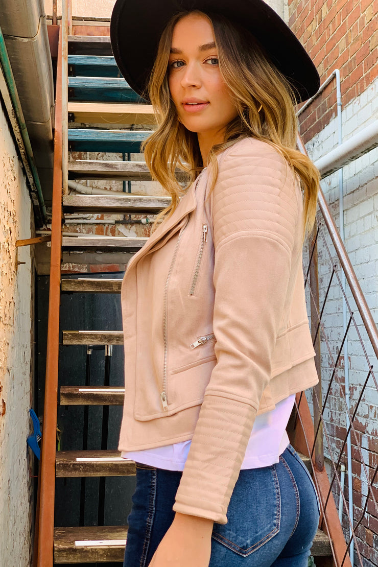 Charli Biker Jacket In Blush Faux Suede