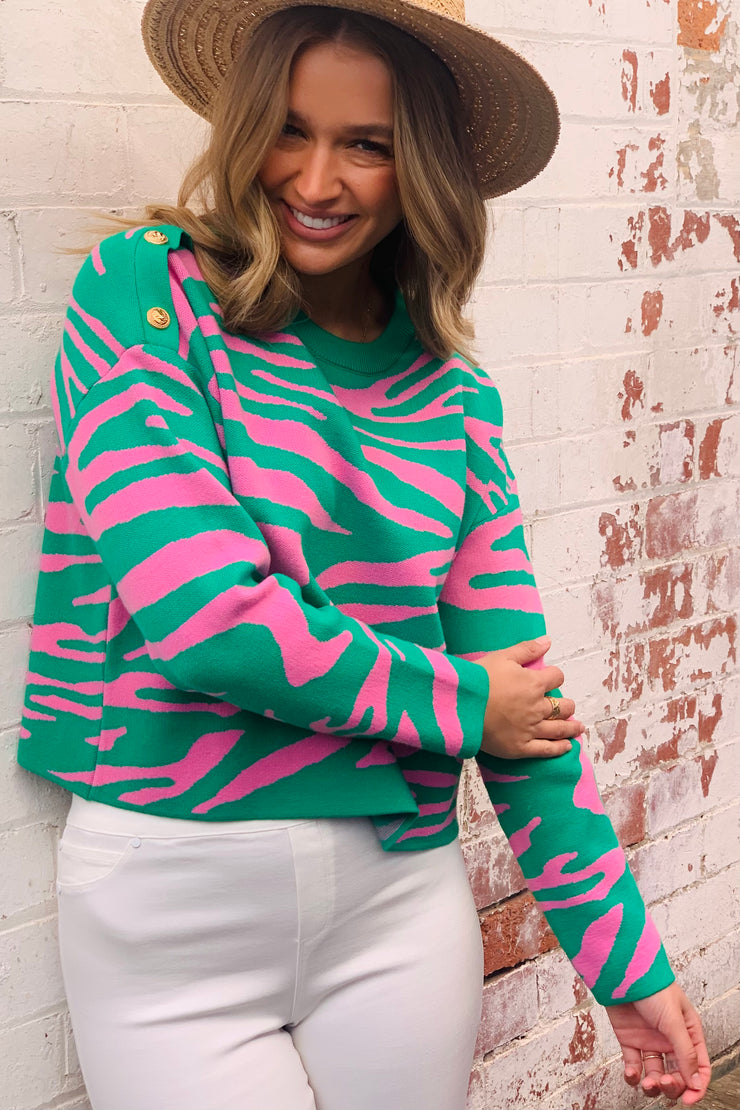 Fierce Tiger Print Knit in Green And Pink