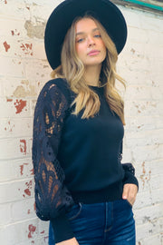 Naomi Lace Sleeve Top in Black