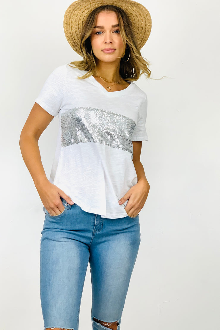 Bella  White T/ Shirt With Silver Sequin