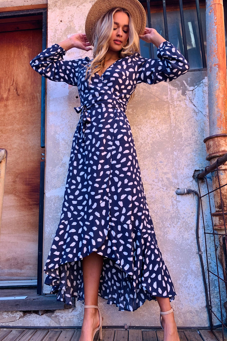 April Wrap Dress In Navy And White Print 30% off at Cart