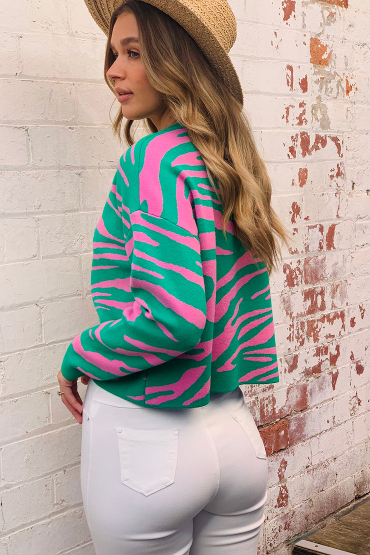 Fierce Tiger Print Knit in Green And Pink
