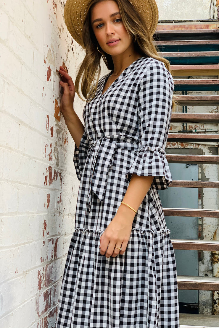 Maya Gingham Midi Dress in Black and White