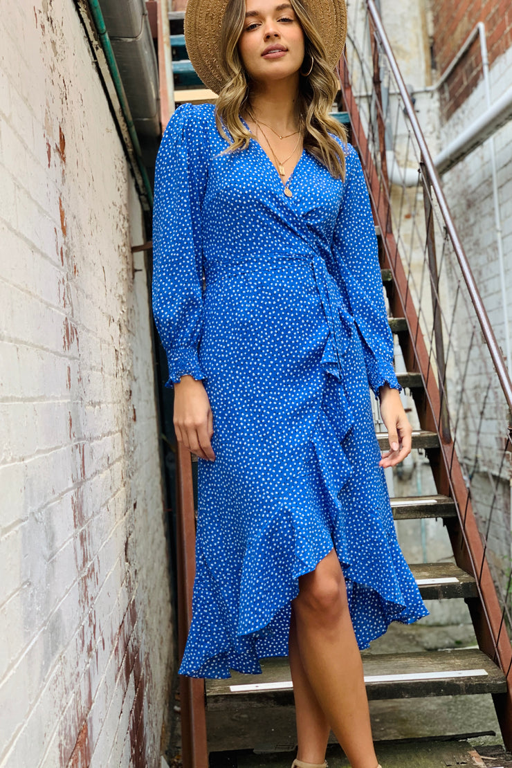 Alyssa Midi Wrap Dress In BluePrint