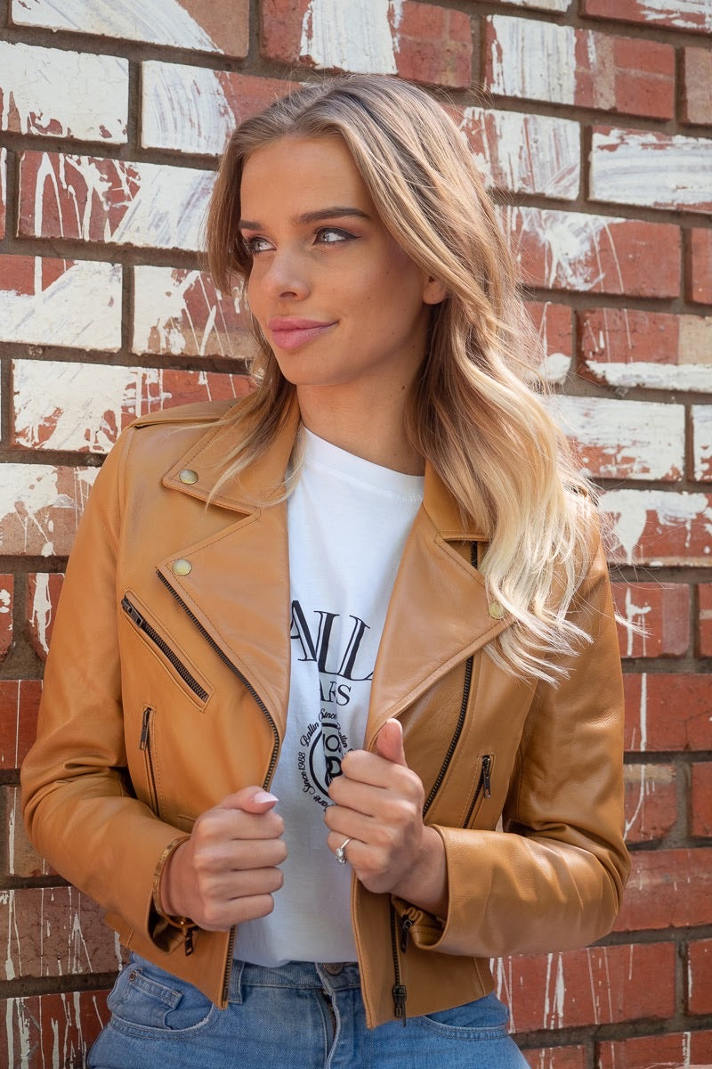 Brooke | Cropped Calfskin Camel Leather Jacket in Camel