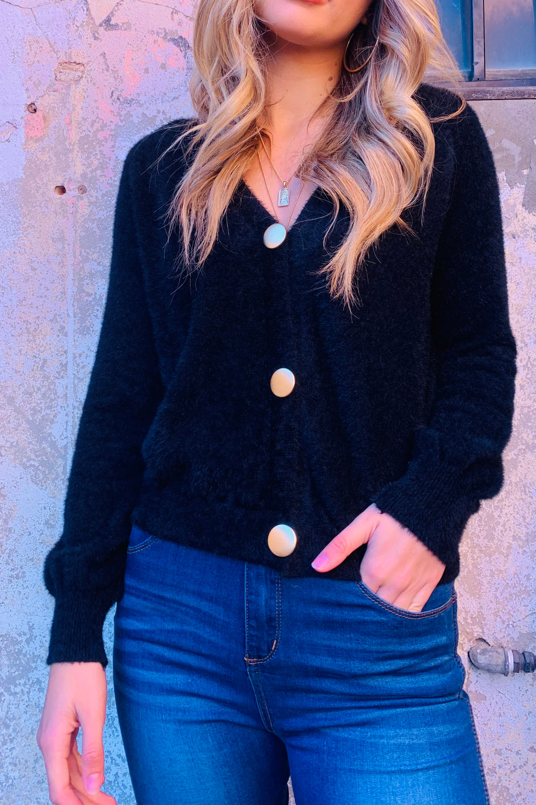 Chloe | Black Fluffy Cardi With Gold Buttons