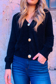 Chloe | Black Fluffy Cardi With Gold Buttons