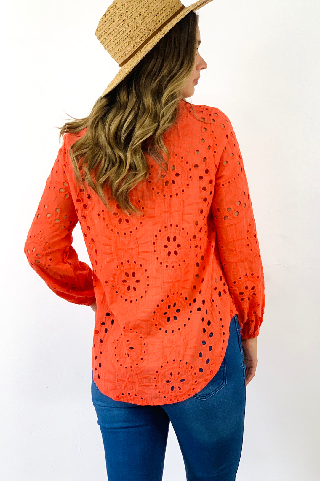 Kendra Lace Embroidered Shirt in Orange