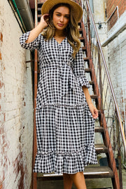 Maya Gingham Midi Dress in Black and White