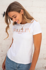 Claudia | White Ballin T-Shirt With Gold Button Detail