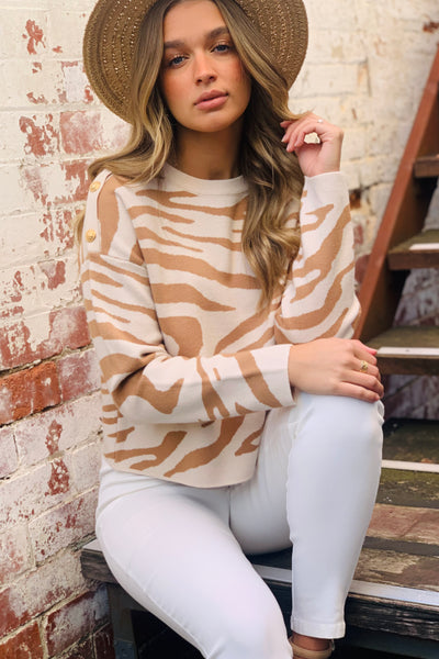 Fierce Tiger Print Knit In Camel And Cream Tones