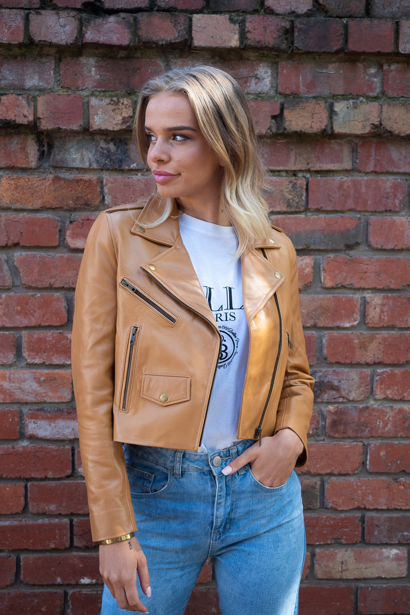 Brooke | Cropped Calfskin Camel Leather Jacket in Camel