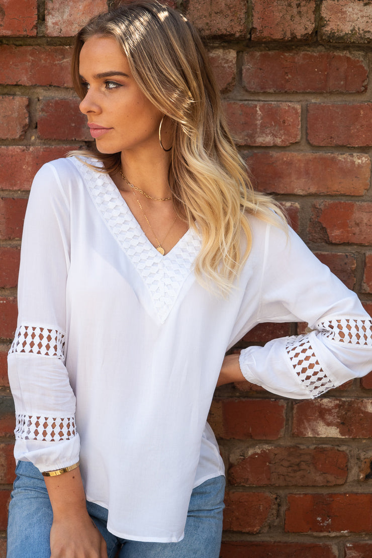 Alba | Long Length Top with Crotchet Detail In White