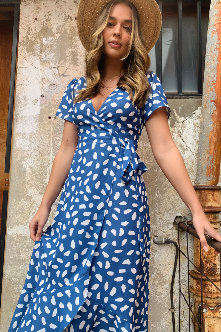 M&S X GHOST Maxi Wrap Dress Blue White Polka Dot Party Size 6 NWT $49.99 -  PicClick AU