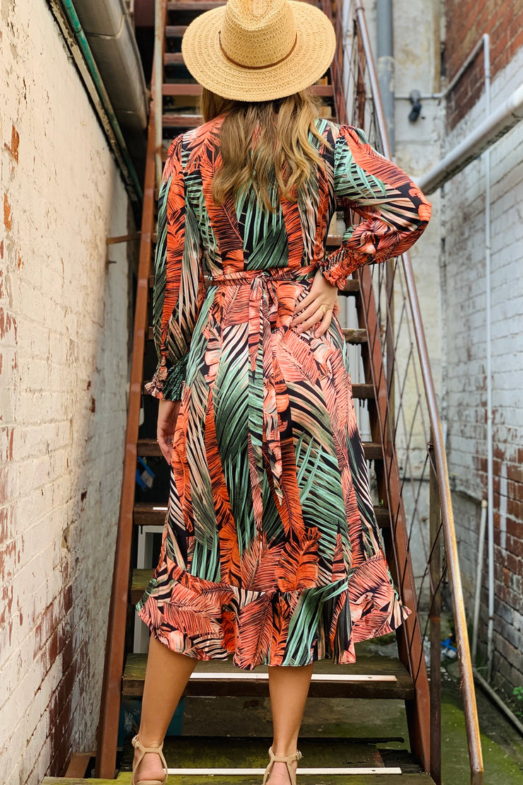 Lola Jungle Print Wrap Dress in Rust