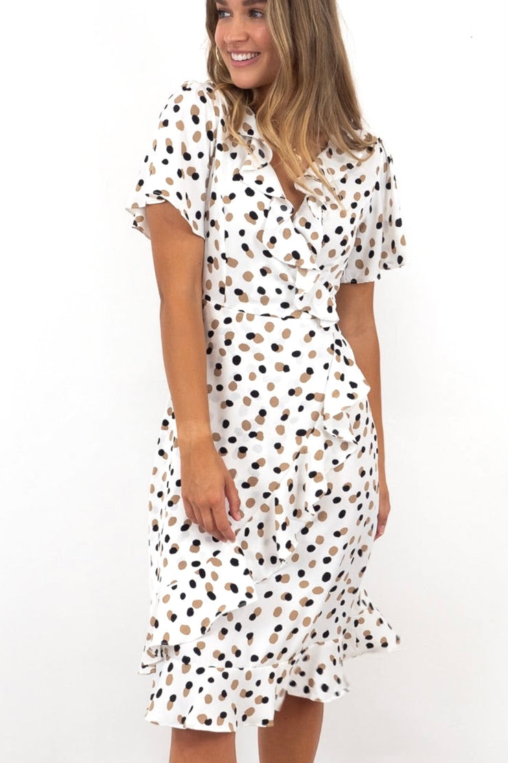Katia | White Frill Dress In Polka Dot Print