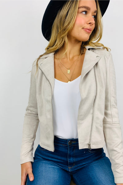 Maxim | Faux Suede Pale Grey Jacket with Shoulder Detail Quilting-30% off at Cart