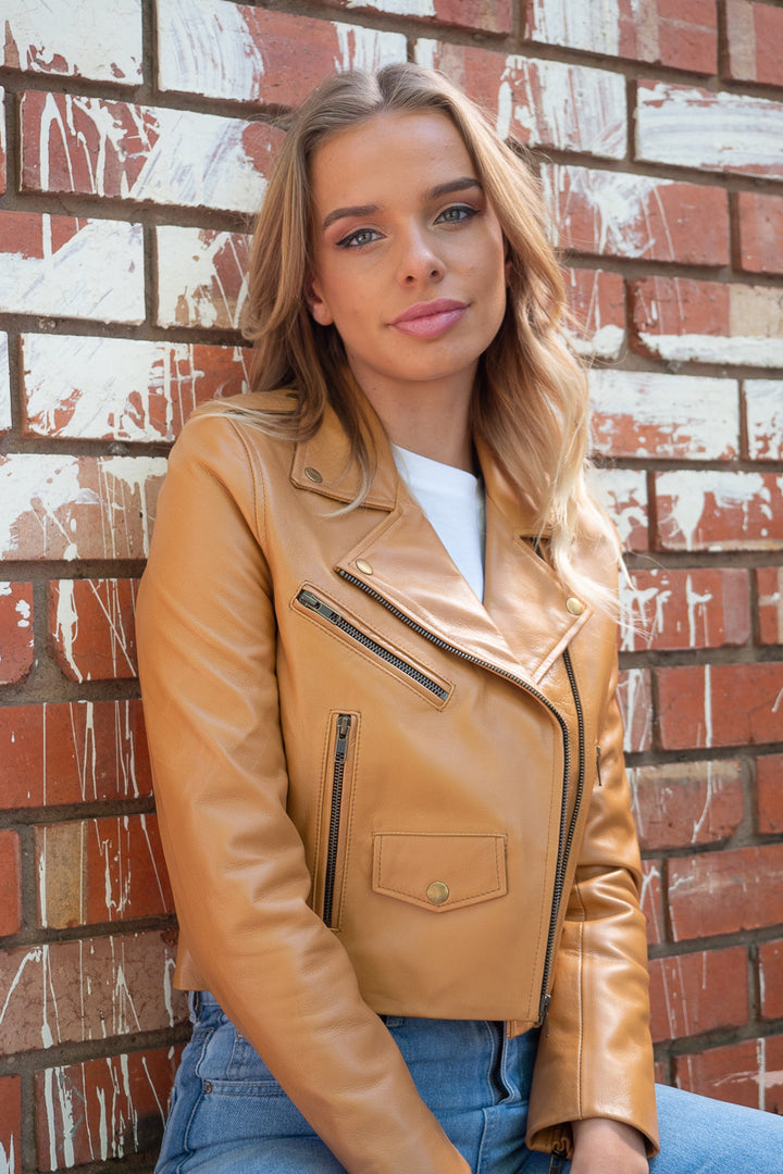 Brooke | Cropped Calfskin Camel Leather Jacket in Camel