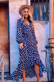 April Wrap Dress In Navy And White Print