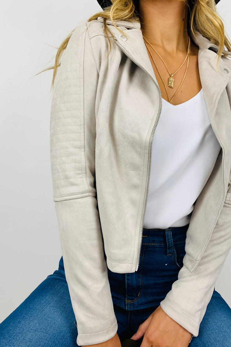 Maxim | Faux Suede Pale Grey Jacket with Shoulder Detail Quilting