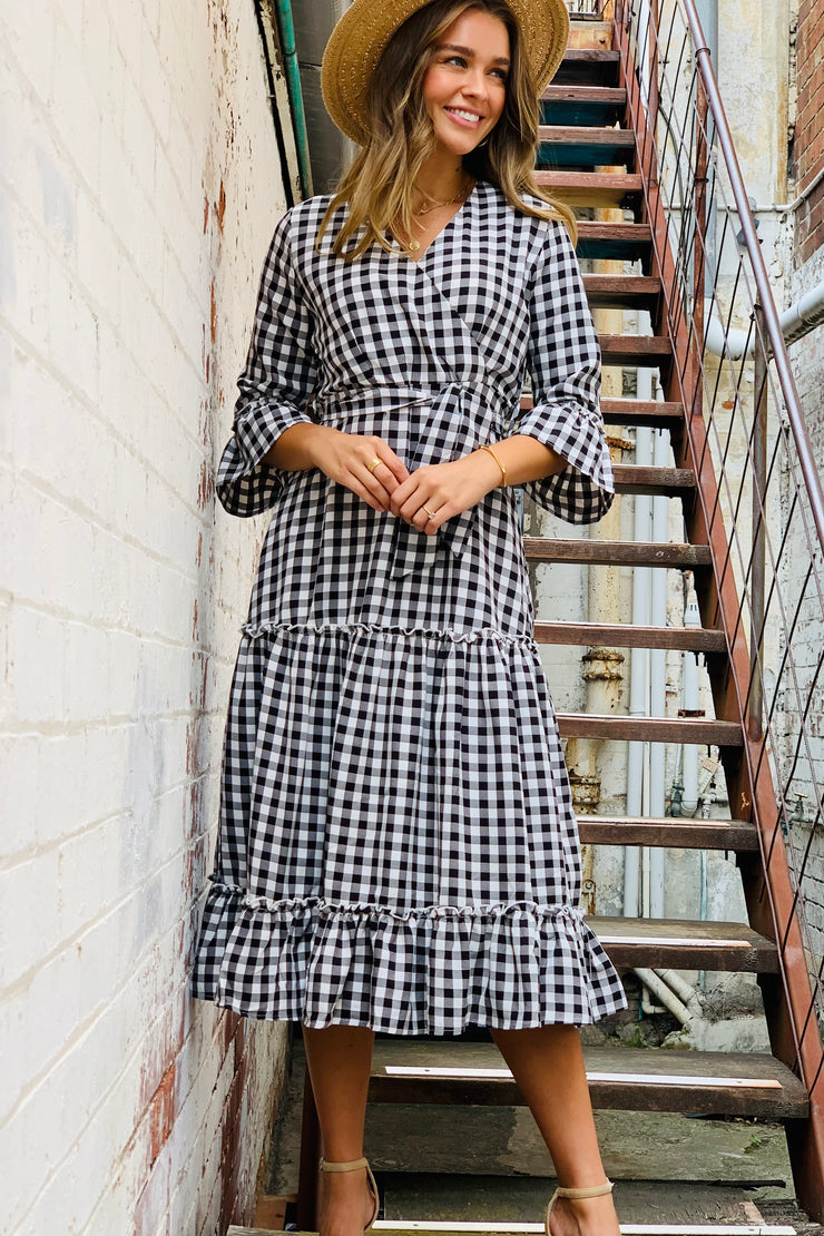 Maya Gingham Midi Dress in Black and White