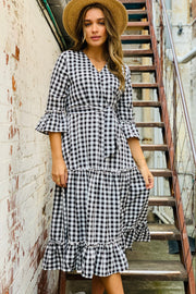 Maya Gingham Midi Dress in Black and White