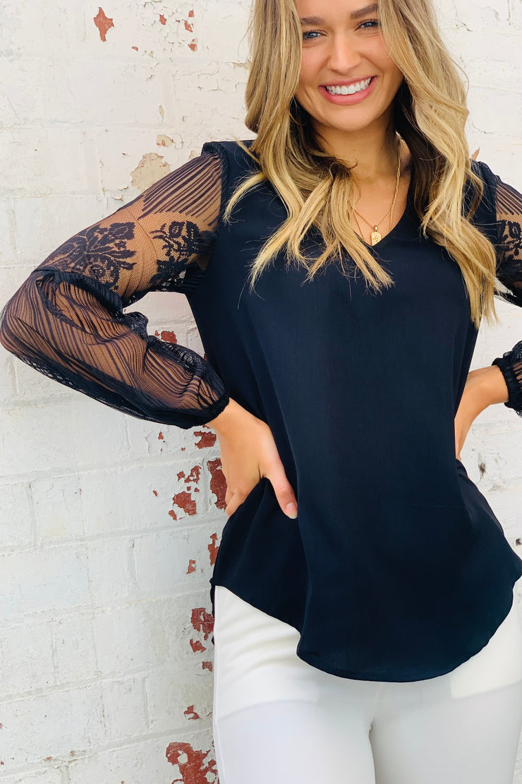 Gracie | Black Top With Lace Sleeve