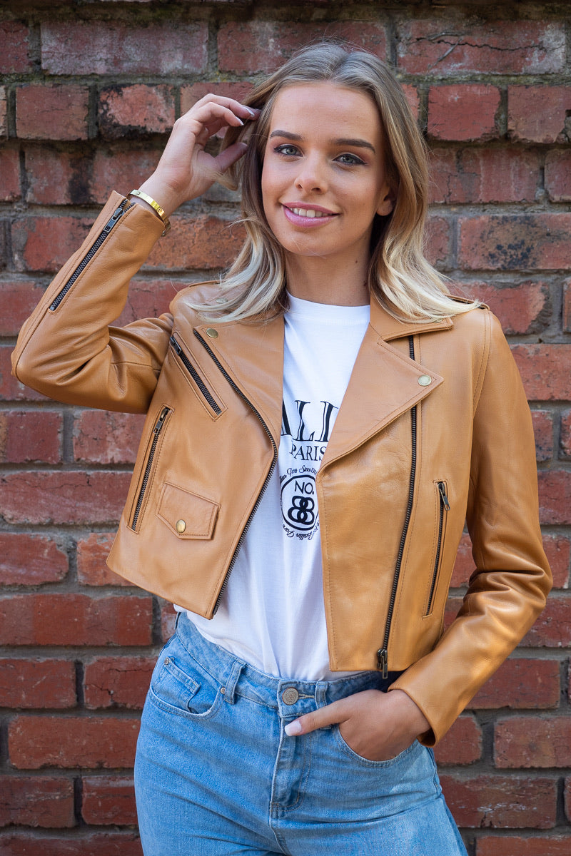 Brooke | Cropped Calfskin Camel Leather Jacket in Camel