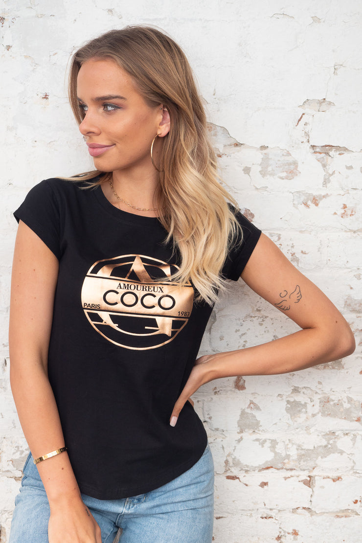Coco | Black Tee with Gold Print
