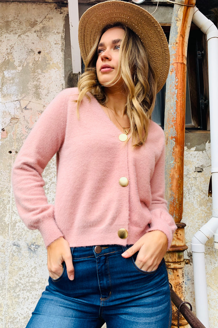 Chloe | Fluffy Cardi In Pink With Gold Buttons