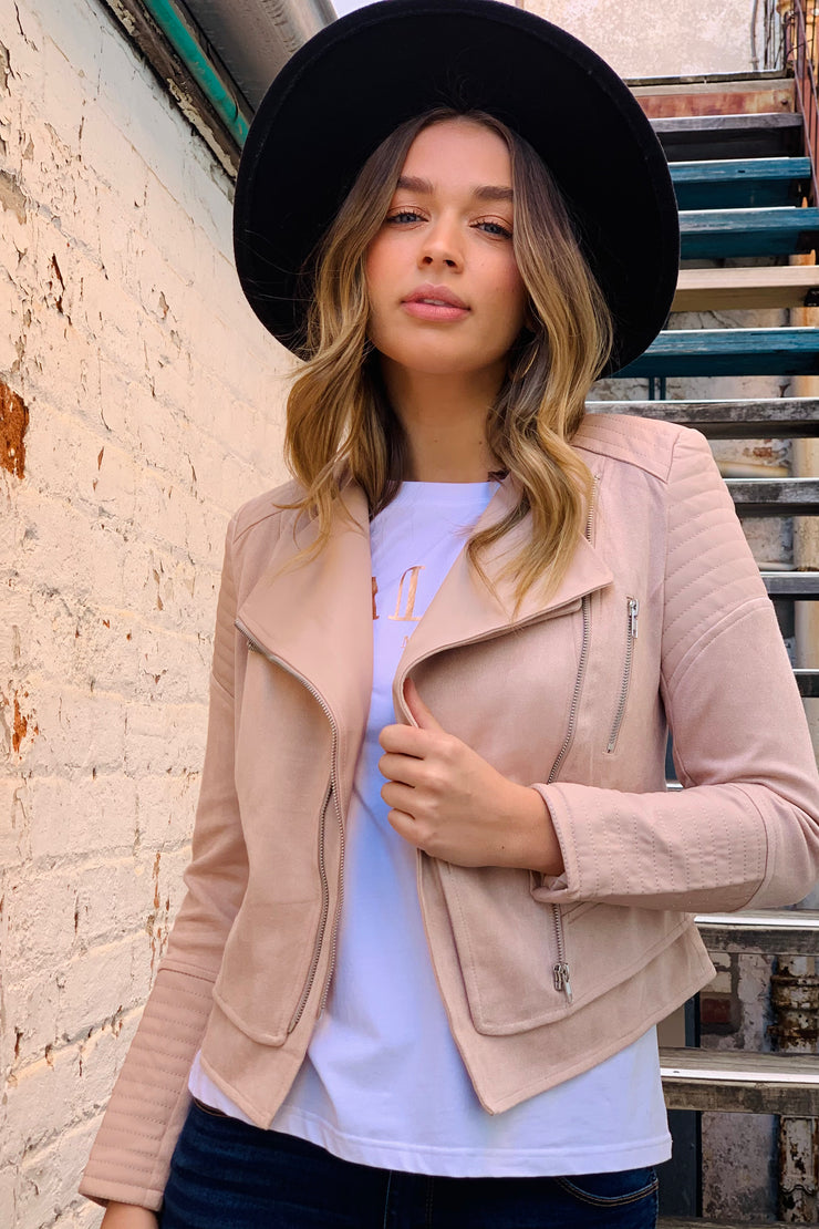 Charli Biker Jacket In Blush Faux Suede Halo Hutch