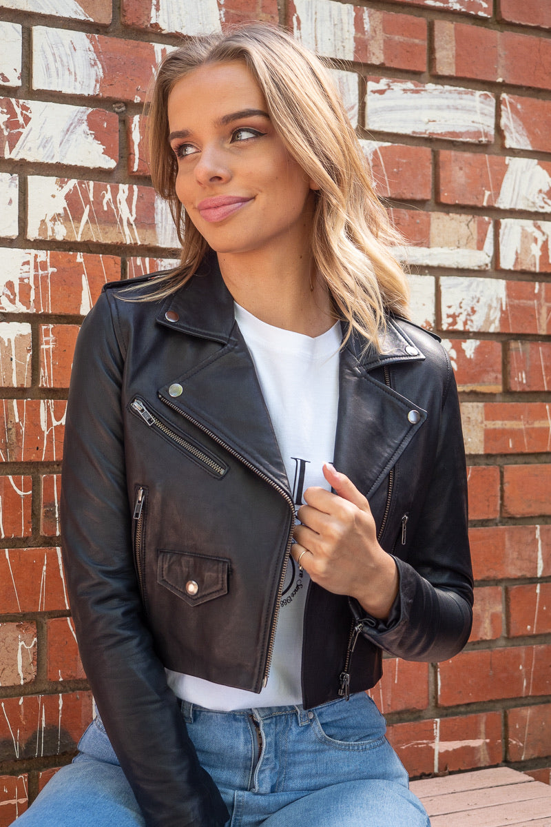 Brooke Crop Lambskin Leather Jacket With Nickel Hardware