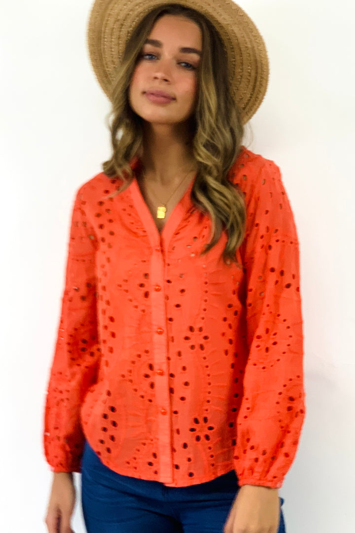 Kendra Lace Embroidered Shirt in Orange