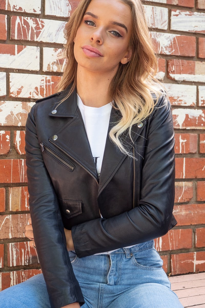 Brooke Crop Lambskin Leather Jacket With Nickel Hardware