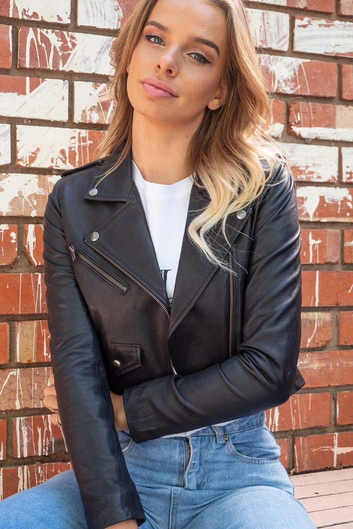 Brooke Crop Lambskin Leather Jacket With Nickel Hardware