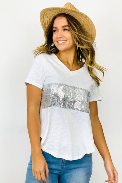 Bella  White T/ Shirt With Silver Sequin