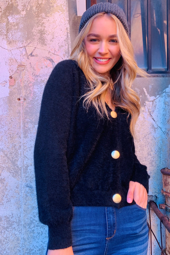 Chloe | Black Fluffy Cardi With Gold Buttons