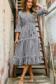 Maya Gingham Midi Dress in Black and White