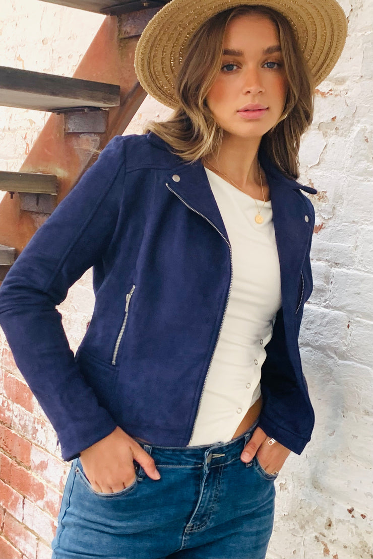 Navy blue 2025 suede jacket womens