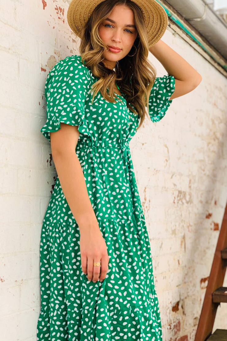 Jeannie Midi Dress  in Apple Green and White